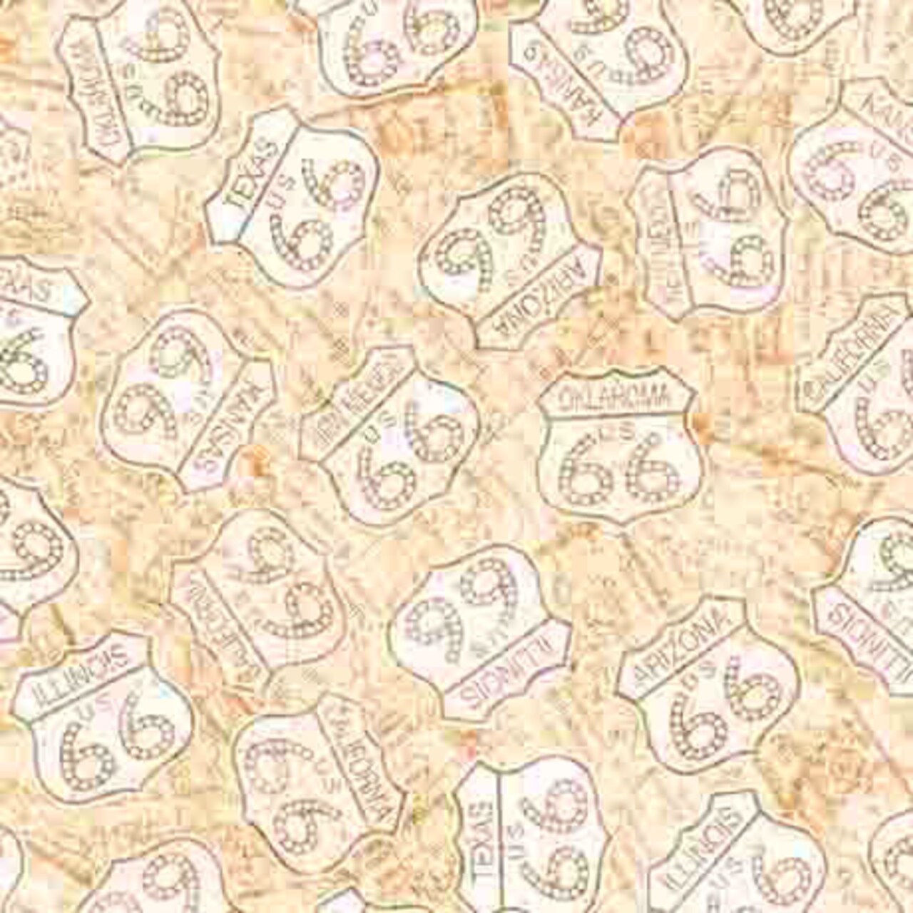 Fabric QT Tan Route 66 Signs Get Your Kicks 2026 by the Quarter Yard 31671-E